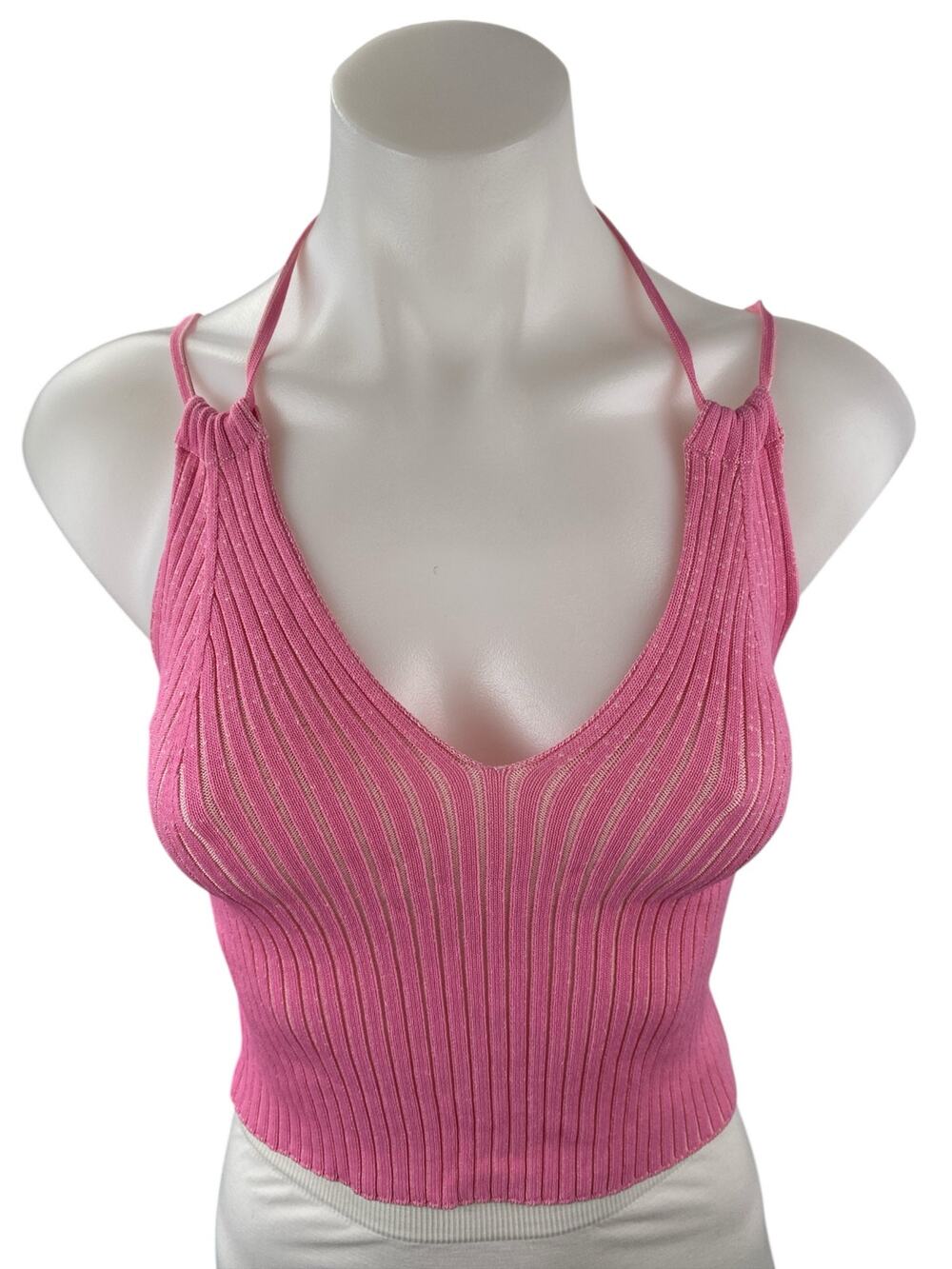 Geel Women's Pink Ribbed Knit Strappy Halter V Neck Cami Tank Crop Top Size M